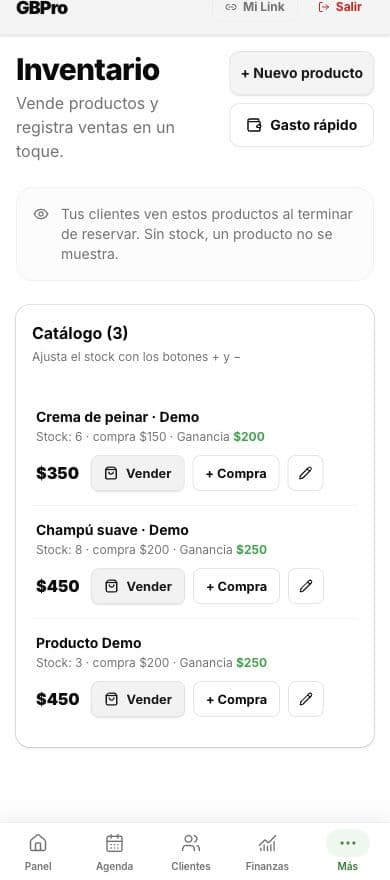 Inventario de GBPro con productos, precios y stock de demostración