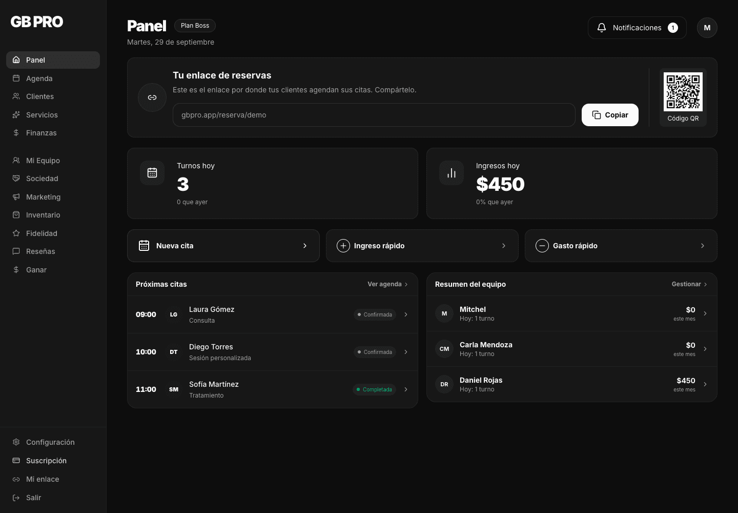 Painel real do GB PRO com link de agendamento e próximos horários, com dados de demonstração